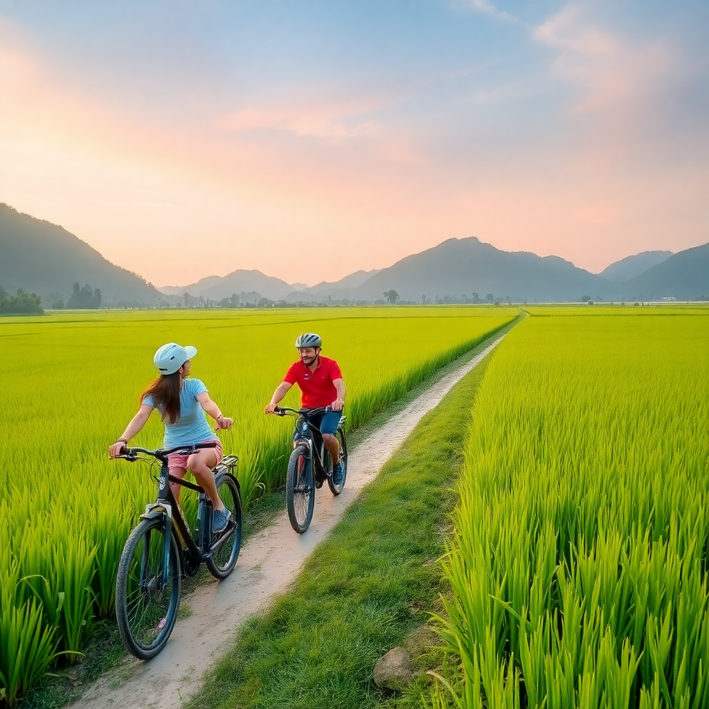 tourists riding electric bikes through rice fields in ninh binh