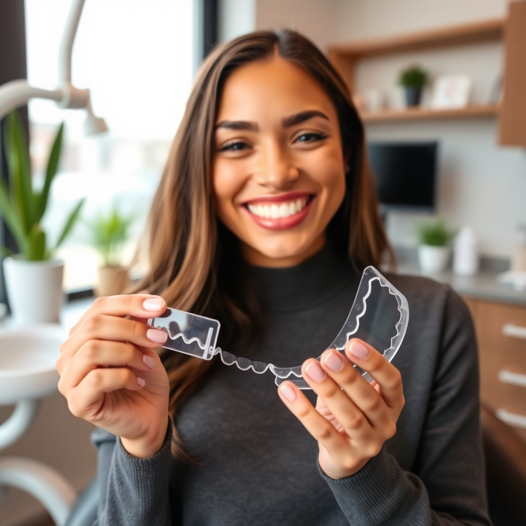 happy patient holding invisalign clear aligner tray, smiling confidently, modern dental office, lifestyle dental photography