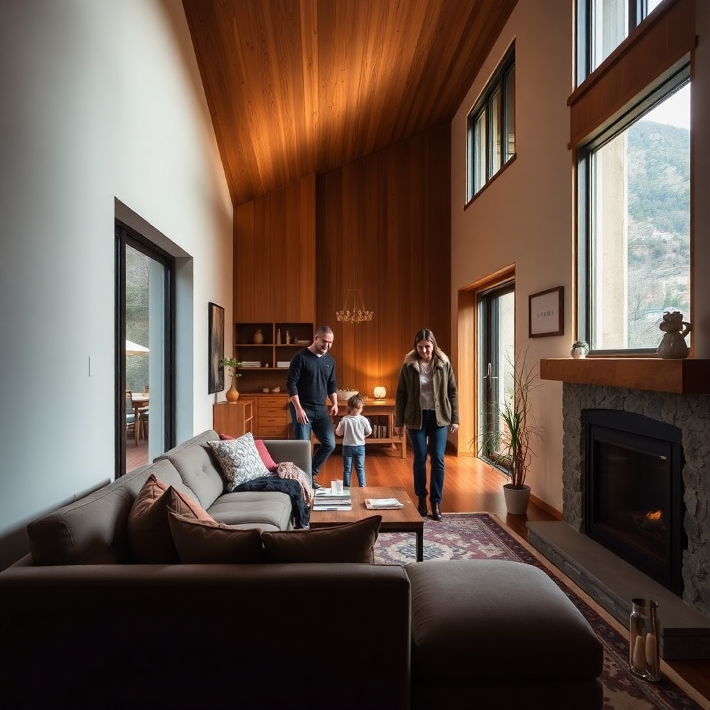 luxury family arriving modern Escaldes-Engordany Andorra mountain home warm welcoming interior visible moving-in moment sophisticated residential setting natural light lifestyle editorial photography