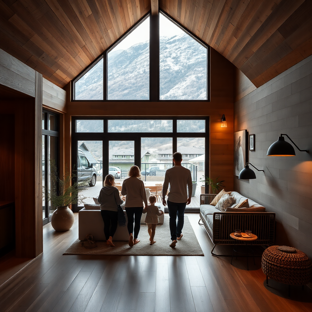 luxury family arriving modern Andorra mountain home warm welcoming interior visible moving-in moment sophisticated residential setting natural light lifestyle editorial photography