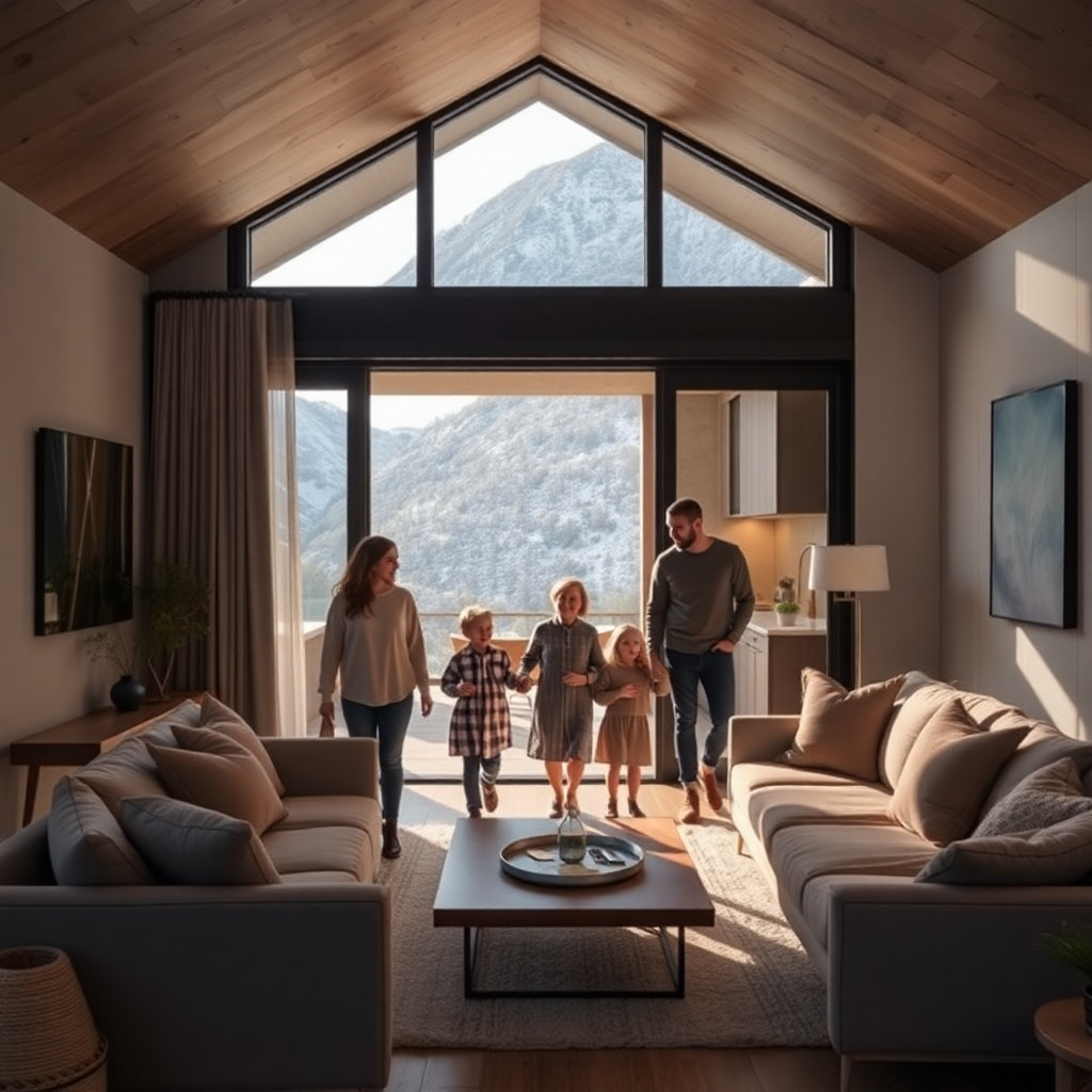 luxury family arriving modern Andorra mountain home warm welcoming interior visible moving-in moment sophisticated residential setting natural light lifestyle editorial photography