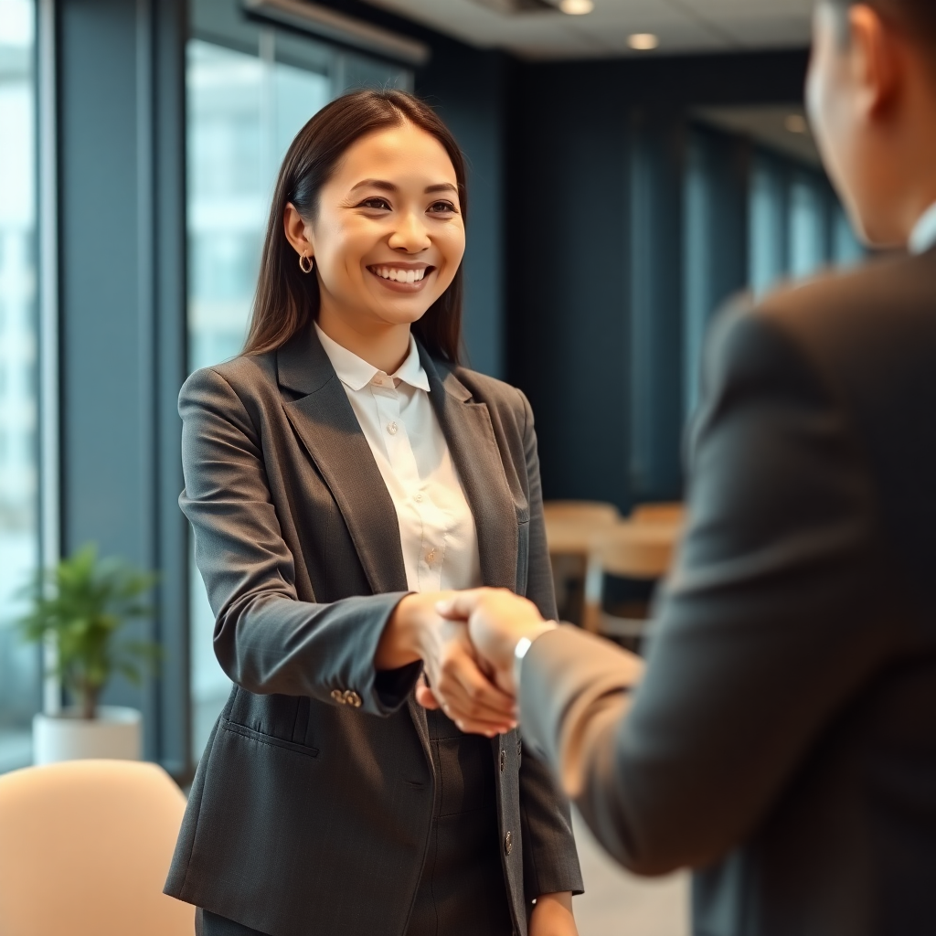Asian woman shaking hands with interviewer, smiling, bright modern office