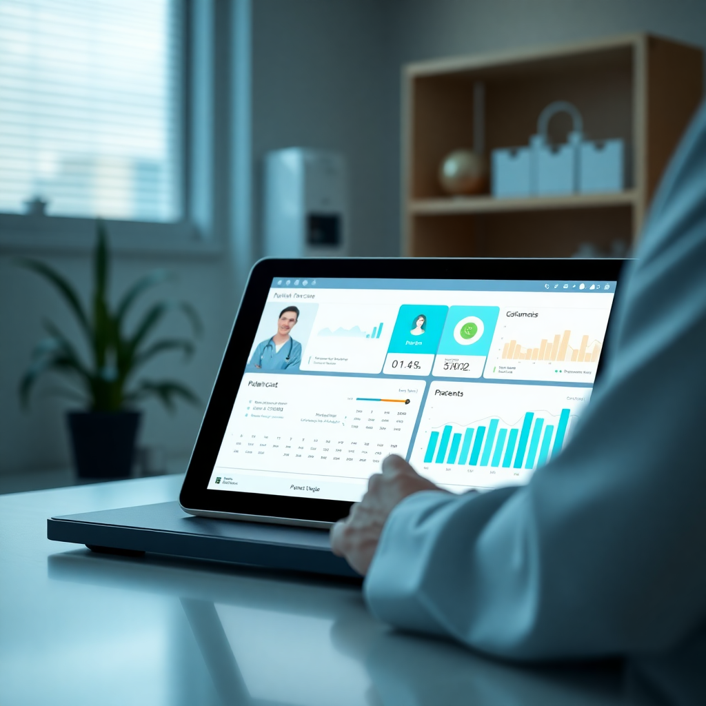 modern medical technology platform interface on tablet showing patient care dashboard, clean healthcare setting