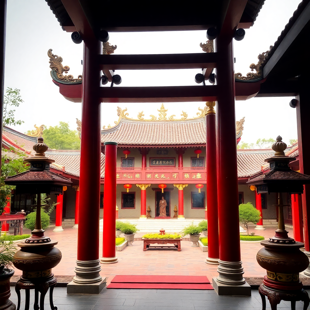 Traditional Vietnamese ancestral temple, red pillars, golden decorations, incense burners, peaceful courtyard