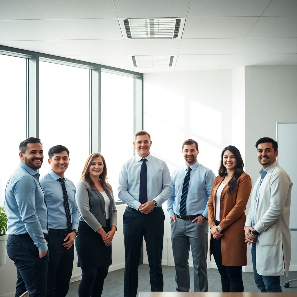 professional leadership team in modern school office, bright and inspiring