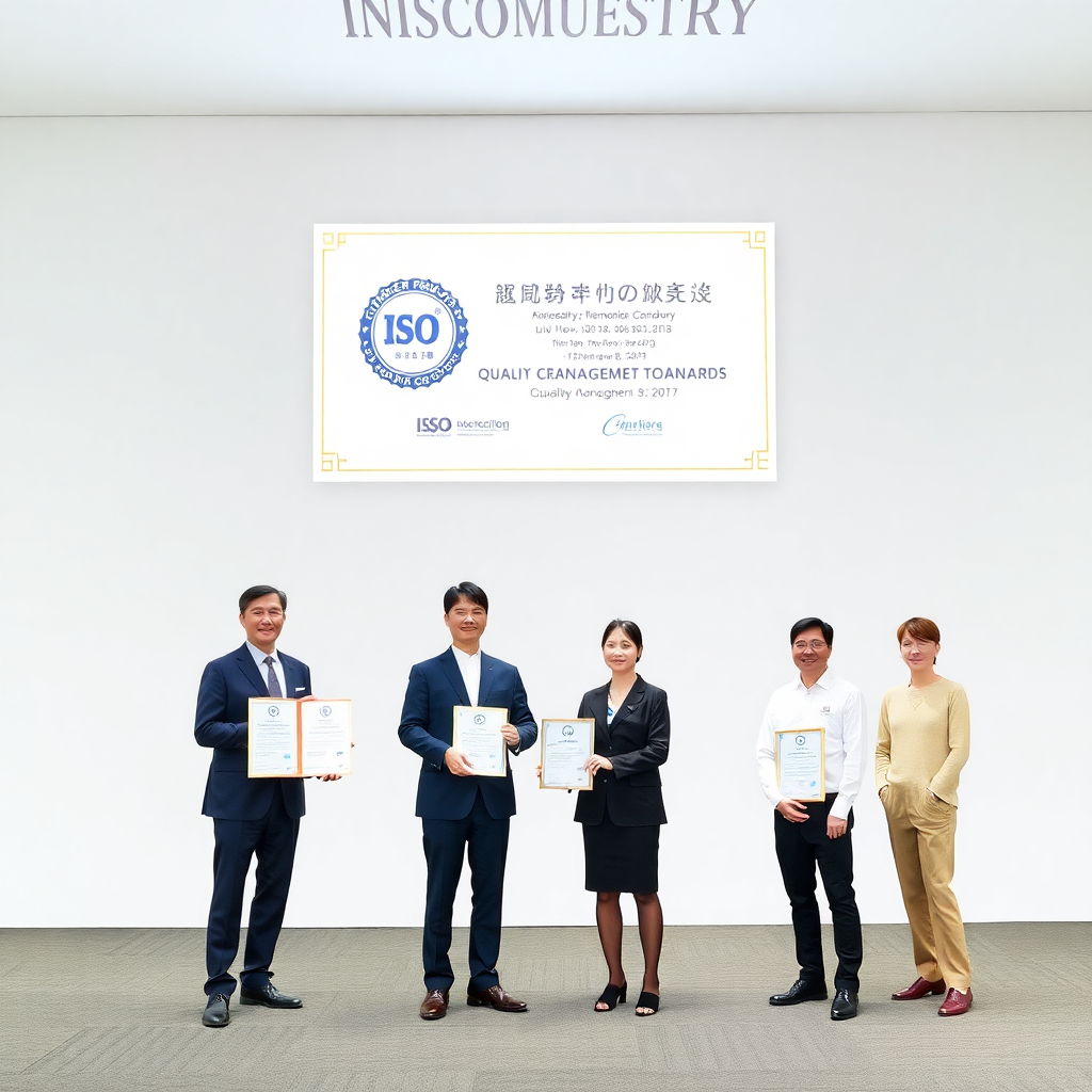 ISO certification award ceremony with quality management standards and oil industry professionals