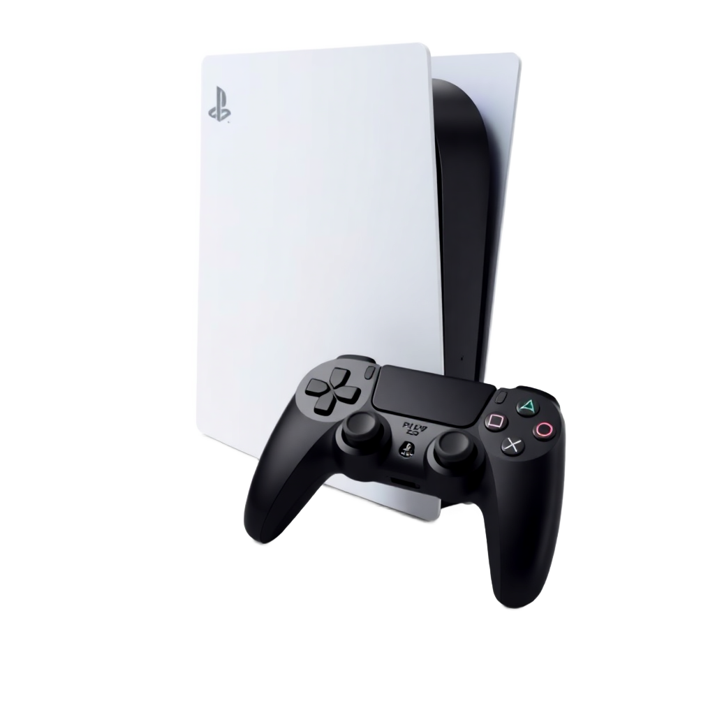 PlayStation 5 console with controller on white background, gaming product photo