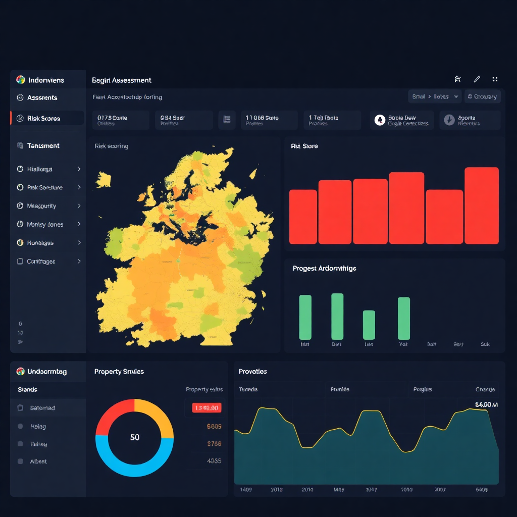 insurance underwriting dashboard with risk scoring map, property assessment interface, dark theme