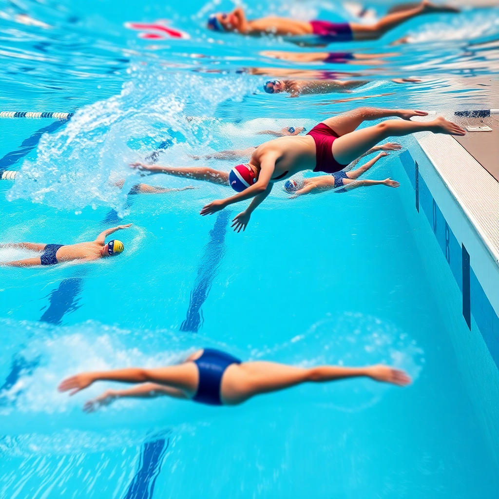 swimming competition, swimmers diving into pool, competitive swimming event