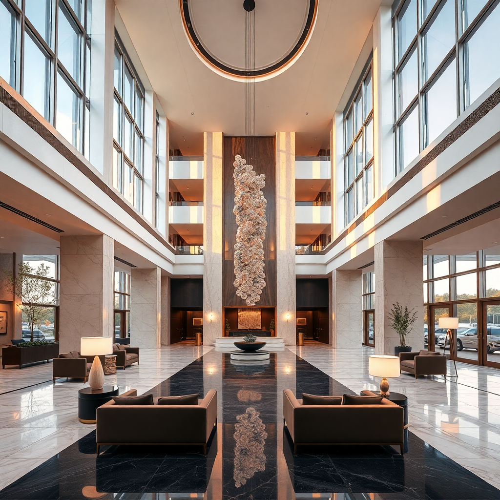 elegant hotel lobby interior, golden hour, architectural photography, minimalist luxury