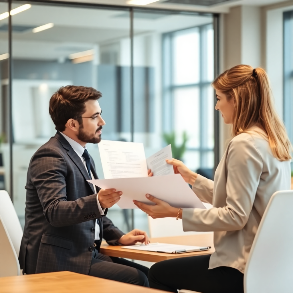 business consultant analyzing documents and processes in modern office, gap assessment meeting, professional atmosphere