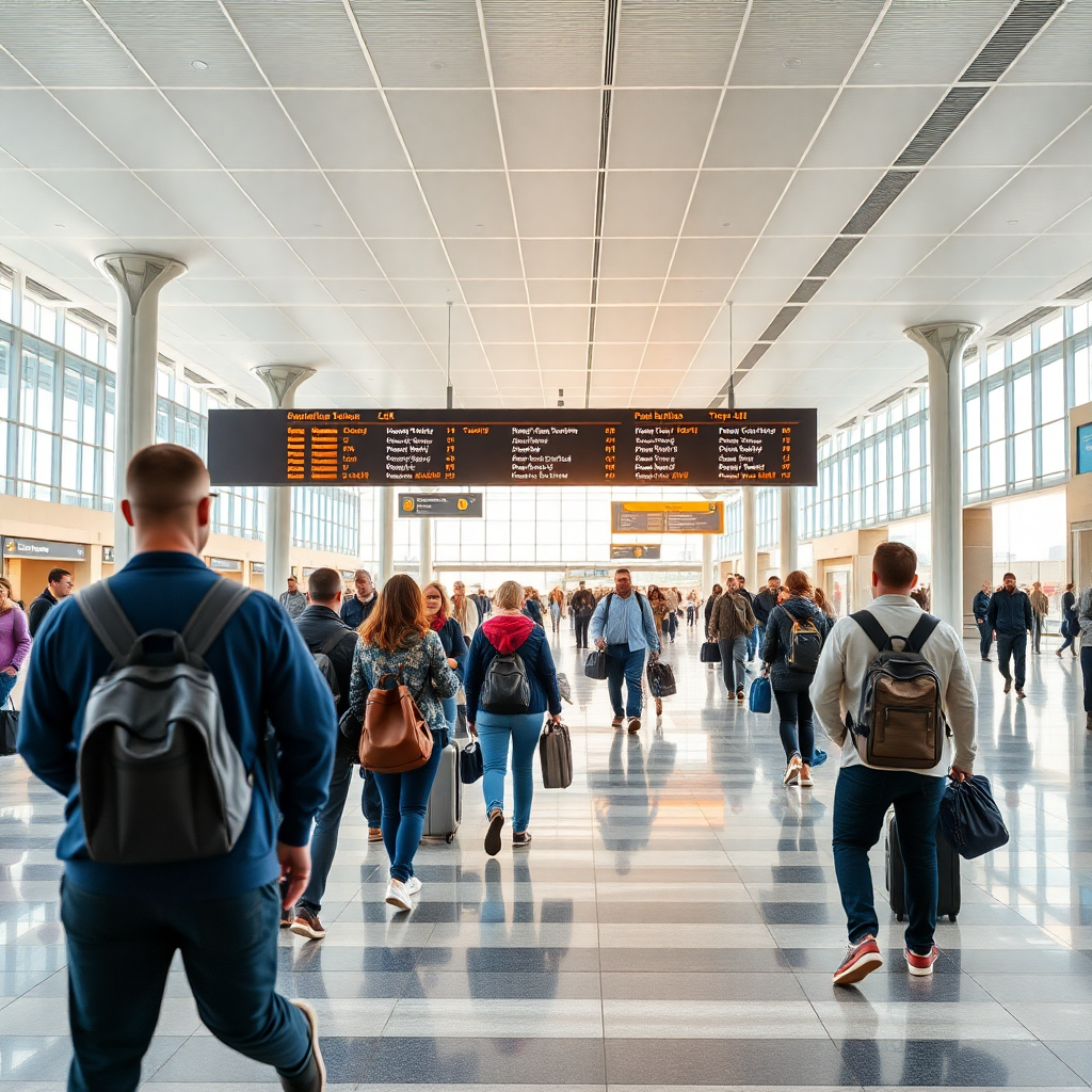 modern airport terminal with travelers, international travel, professional travel photography, bright and clean