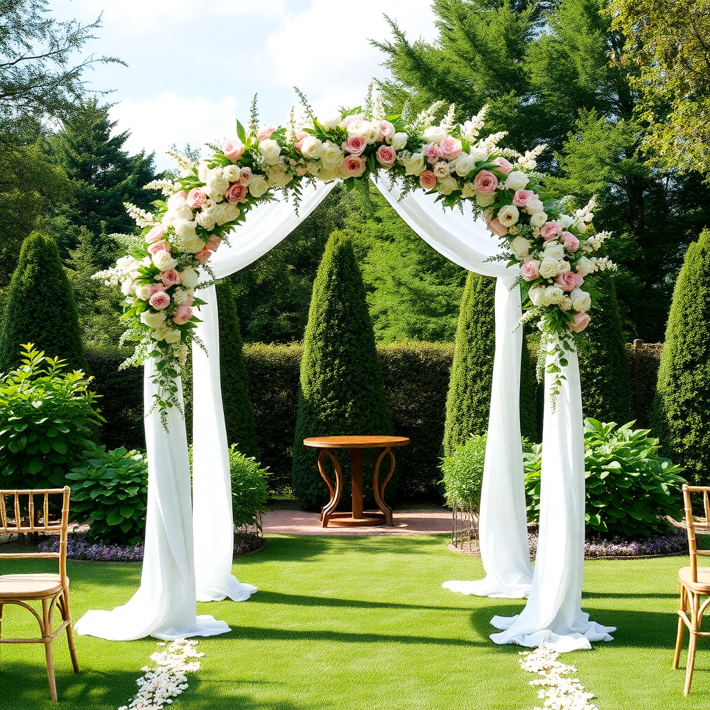 outdoor garden wedding ceremony arch flowers decorated venue