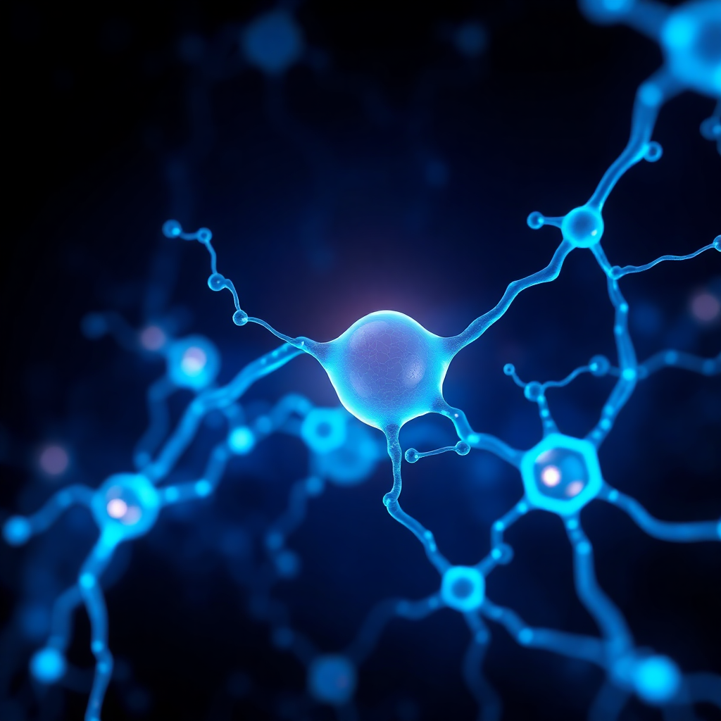futuristic abstract glowing 3D cellular biology network structure in dark navy and electric medical blue, high end scientific visualization, depth of field