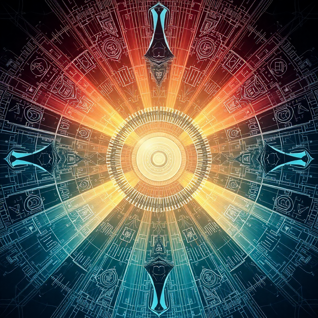 abstract pattern with light rays and engineering symbols, spiritual atmosphere