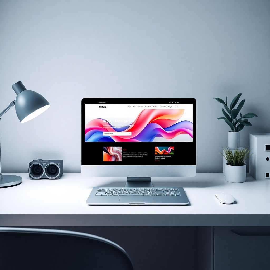 modern minimal office desk setup with laptop showing colorful abstract website design, high quality, photorealistic, soft lighting