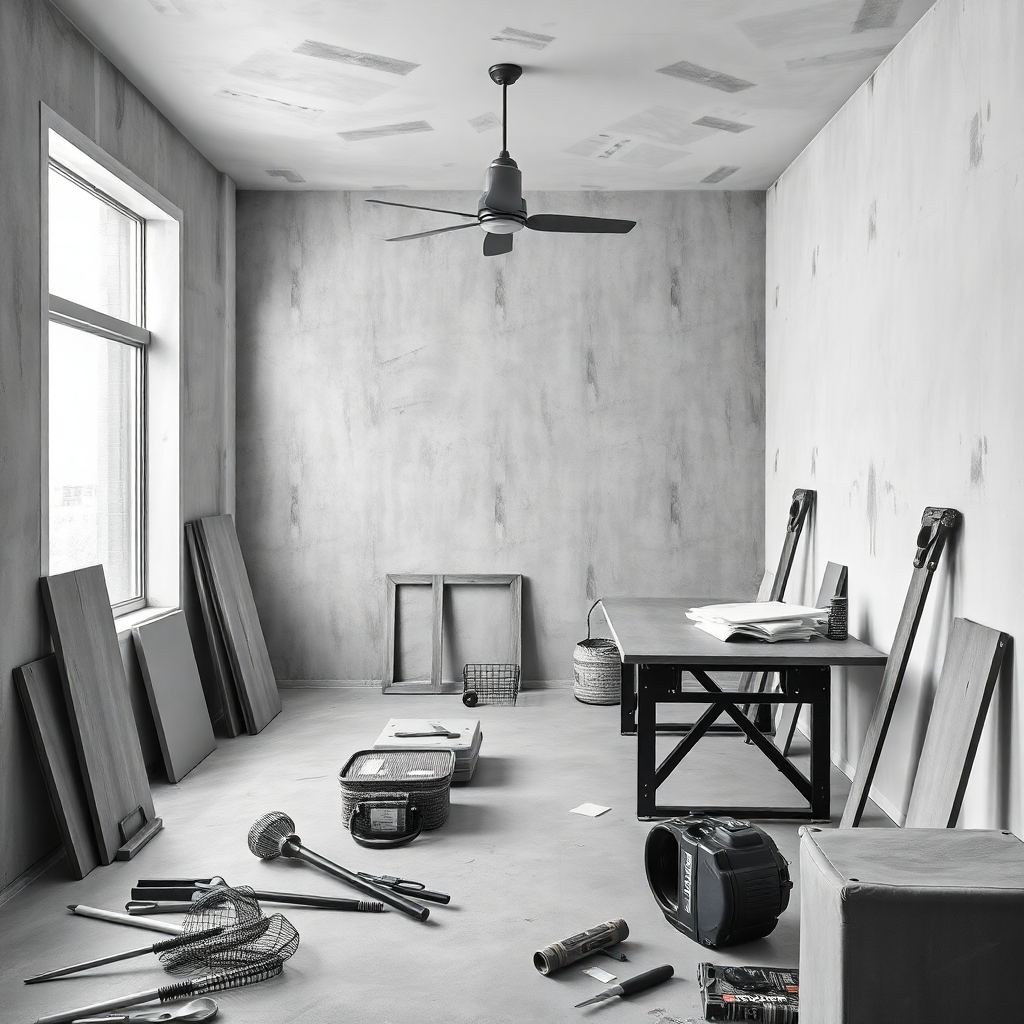 modern home renovation interior construction site with tools and materials, grayscale muted tones, professional contractor workspace