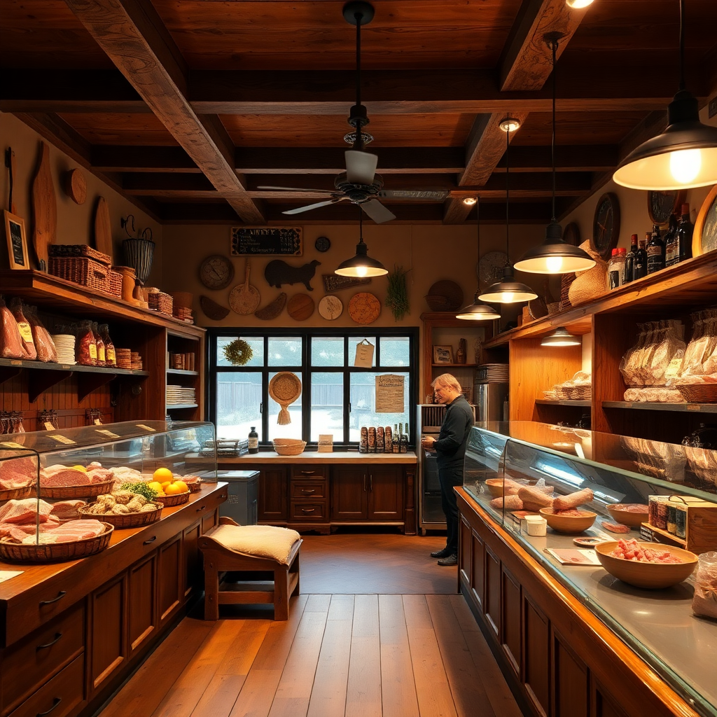 rustic family butcher shop interior warm lighting meat counter traditional wooden decor