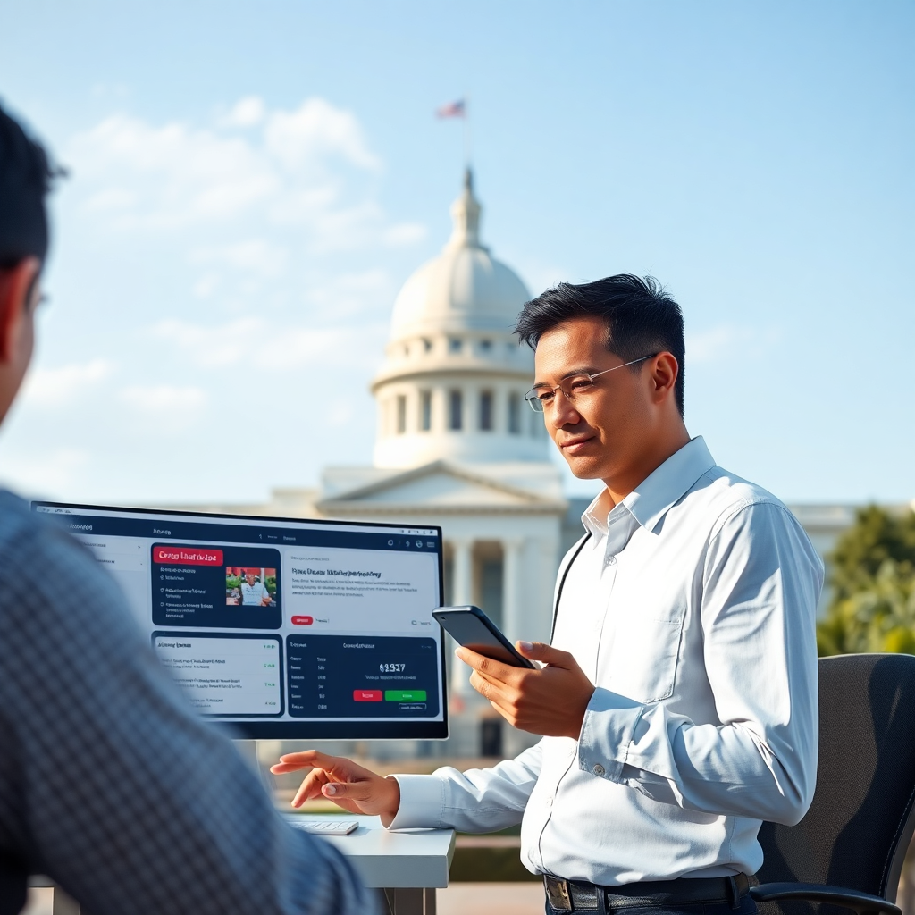 government official using bulk SMS dashboard, citizen receiving emergency alert on mobile phone, government building in background, professional setting