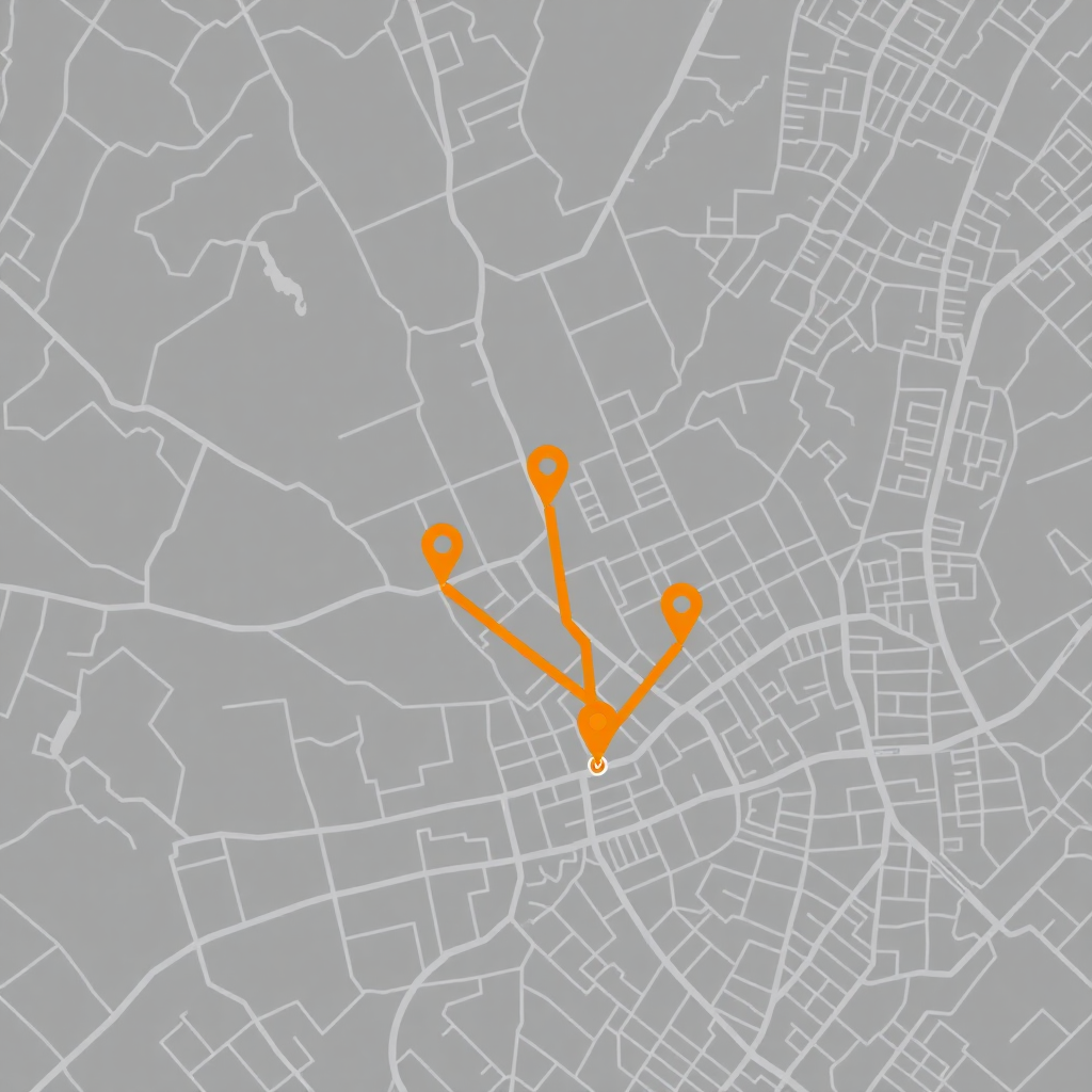 Map preview showing a delivery route with 3 stops in a city, subtle grayscale tone with bright orange route line and markers, digital UI style