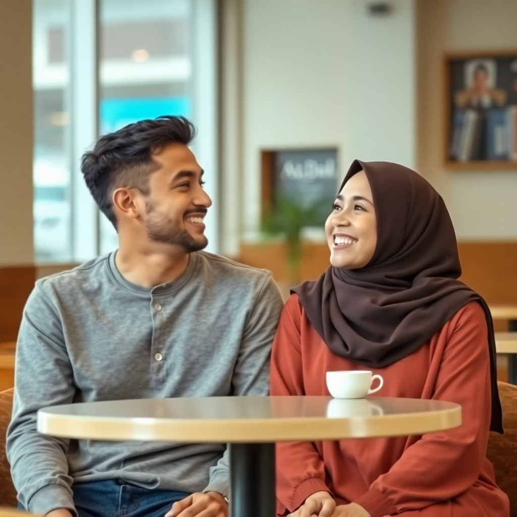 muslim couple laughing together at a cafe, casual wear, hijab, candid shot