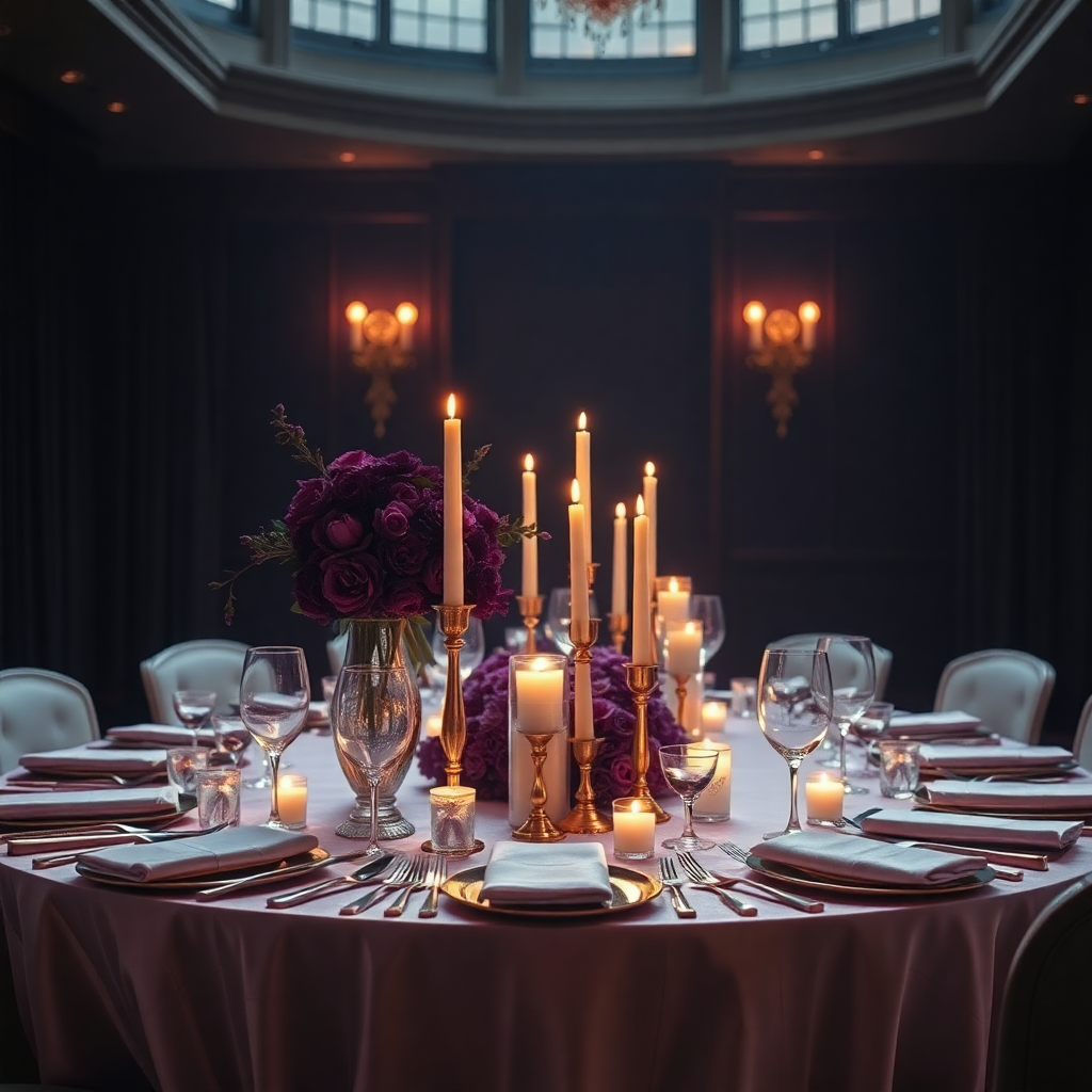 luxury dark wedding aesthetic, elegant table setting with rose gold accents and candlelight, deep purple floral arrangements, cinematic lighting
