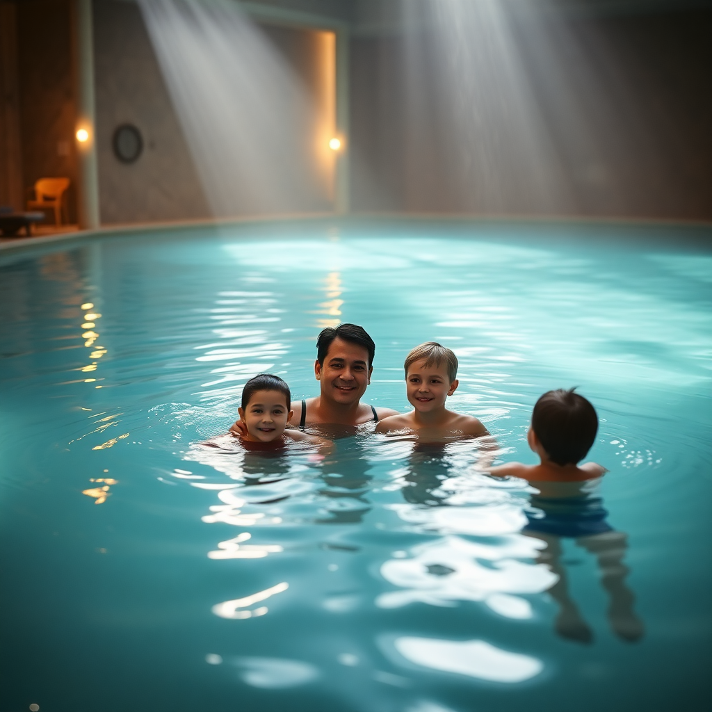 family thermal spa Caldea Andorra parents children lagoon warm water indoor pool luxury wellness editorial photography warm light cinematic