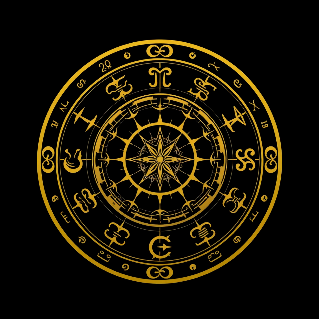 zodiac wheel with astrological symbols in gold and black elegant design