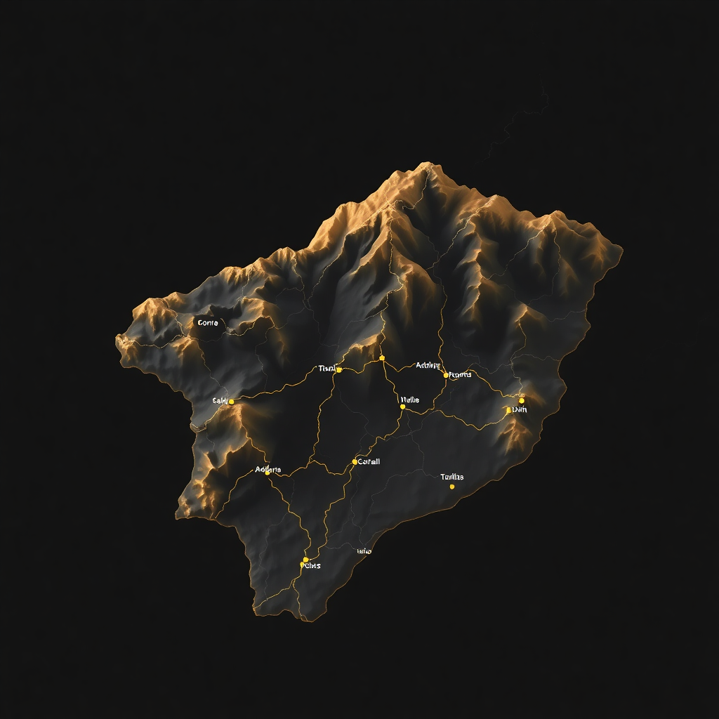 elegant dark luxury topographic map Andorra Pyrenees mountains showing Barcelona Toulouse routes, champagne gold on dark charcoal, editorial cartography style
