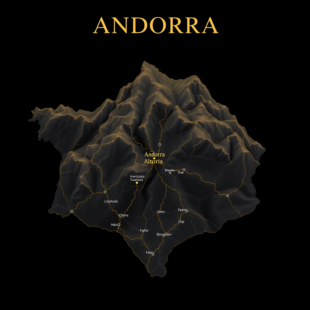 elegant dark luxury topographic map Andorra la Vella Pyrenees mountains showing Barcelona Toulouse routes champagne gold lines on dark charcoal editorial cartography style