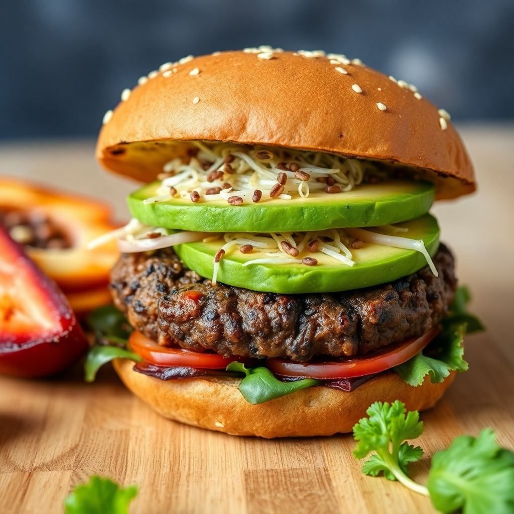 Vegan plant based burger with avocado and sprouts, healthy organic food photography