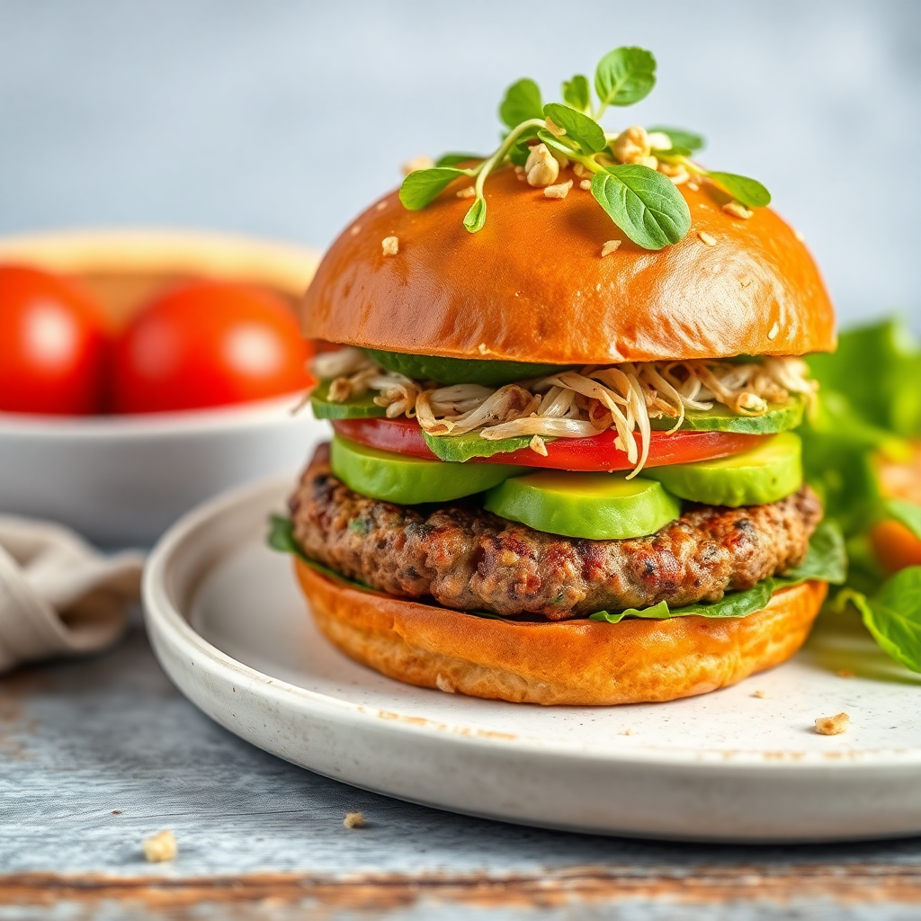 Vegan plant based burger with avocado and sprouts, healthy organic food photography