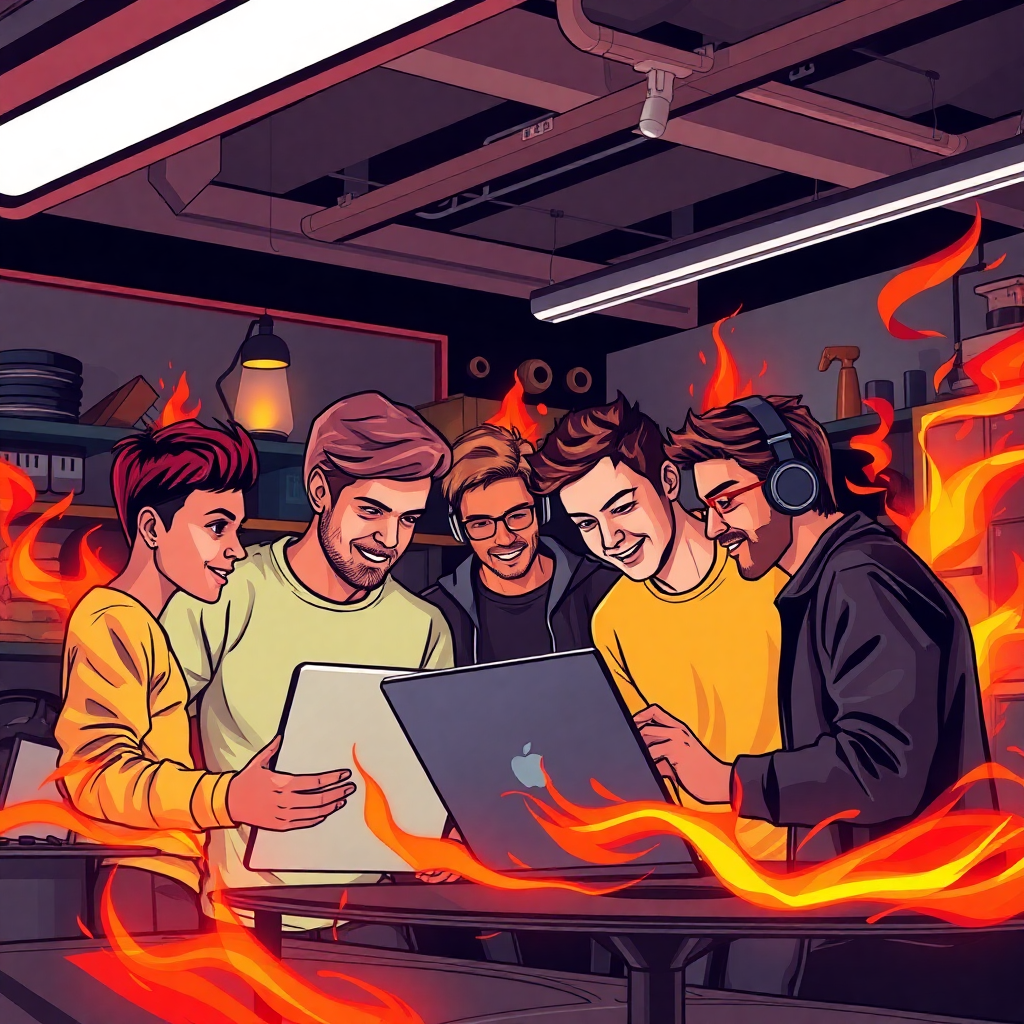 dynamic illustration of young tech entrepreneurs working together in garage startup environment