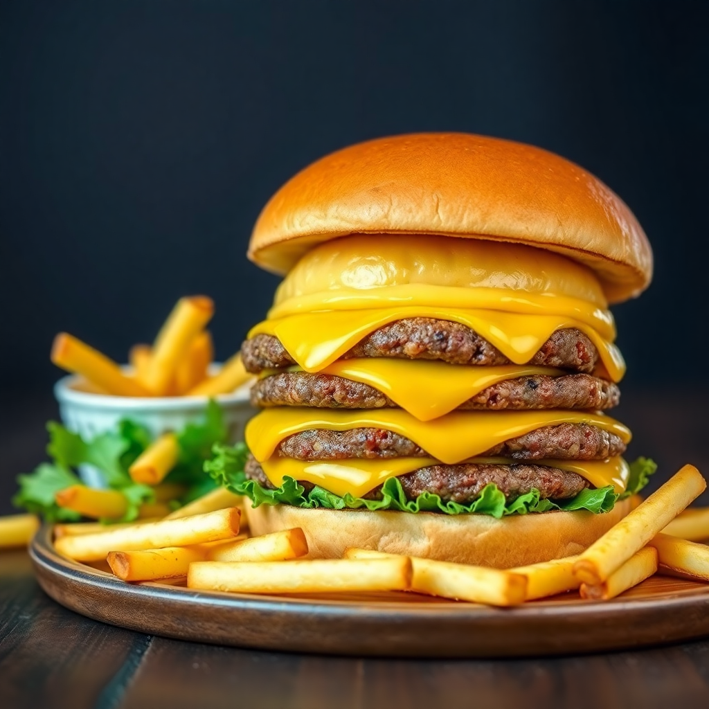 classic double cheeseburger burger with fries, high quality food photography