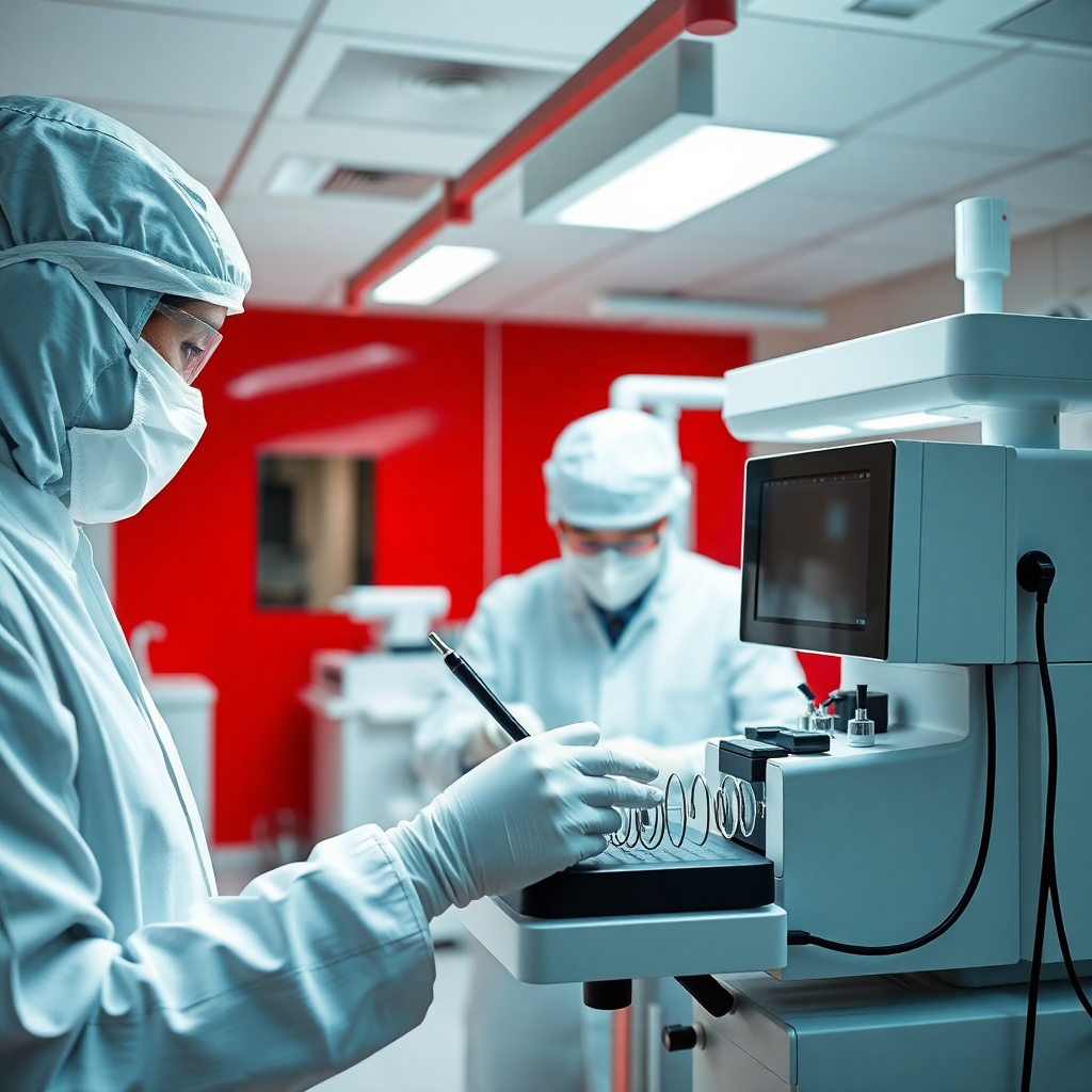 medical laboratory testing equipment, quality control inspection of medical tools, clean modern facility with red and white theme, photorealistic