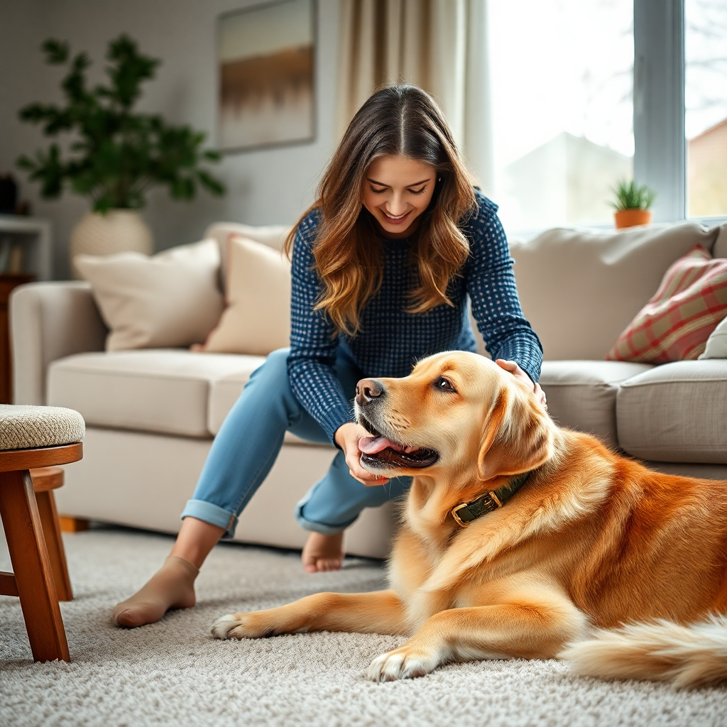 young woman playing with golden retriever in living room, cozy atmosphere