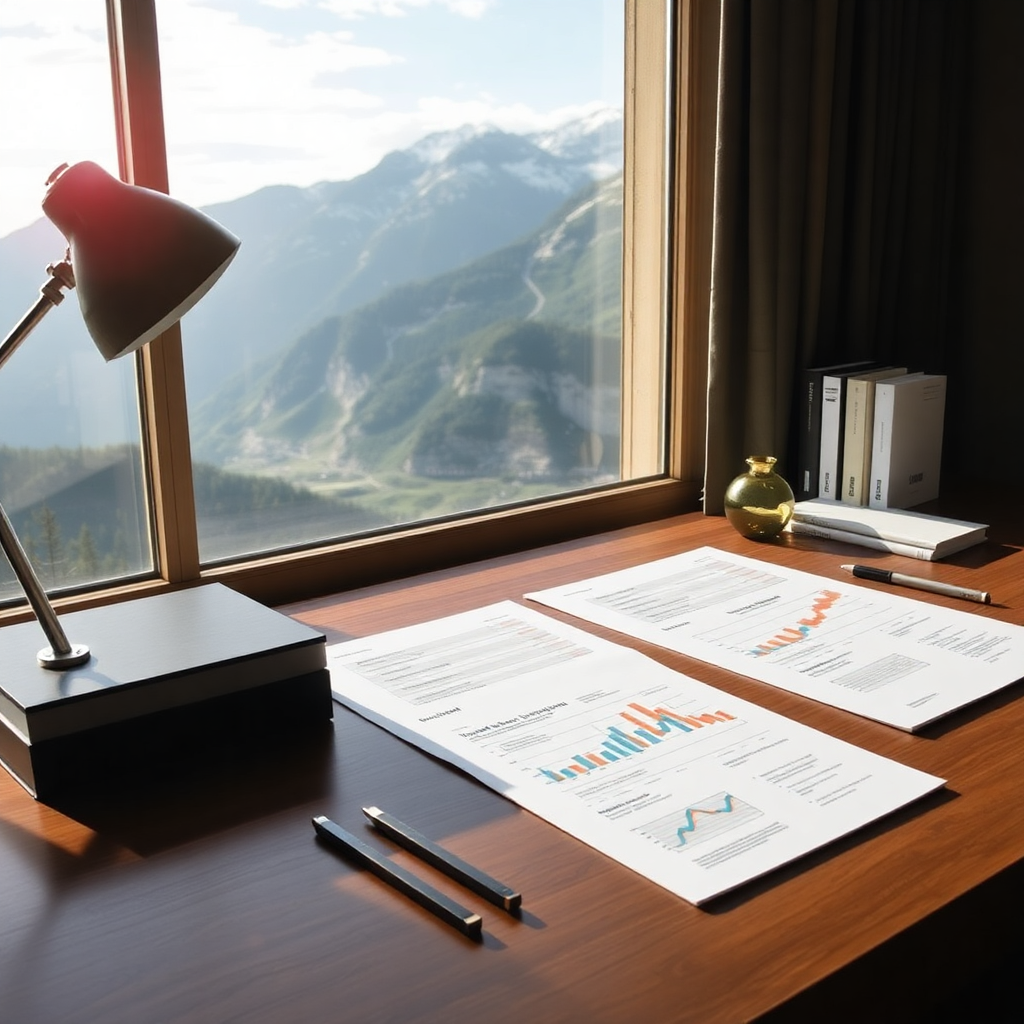 elegant desk setup strategic planning documents Escaldes-Engordany Andorra mountain landscape visible through window sophisticated workspace professional roadmap materials refined business environment editorial photography