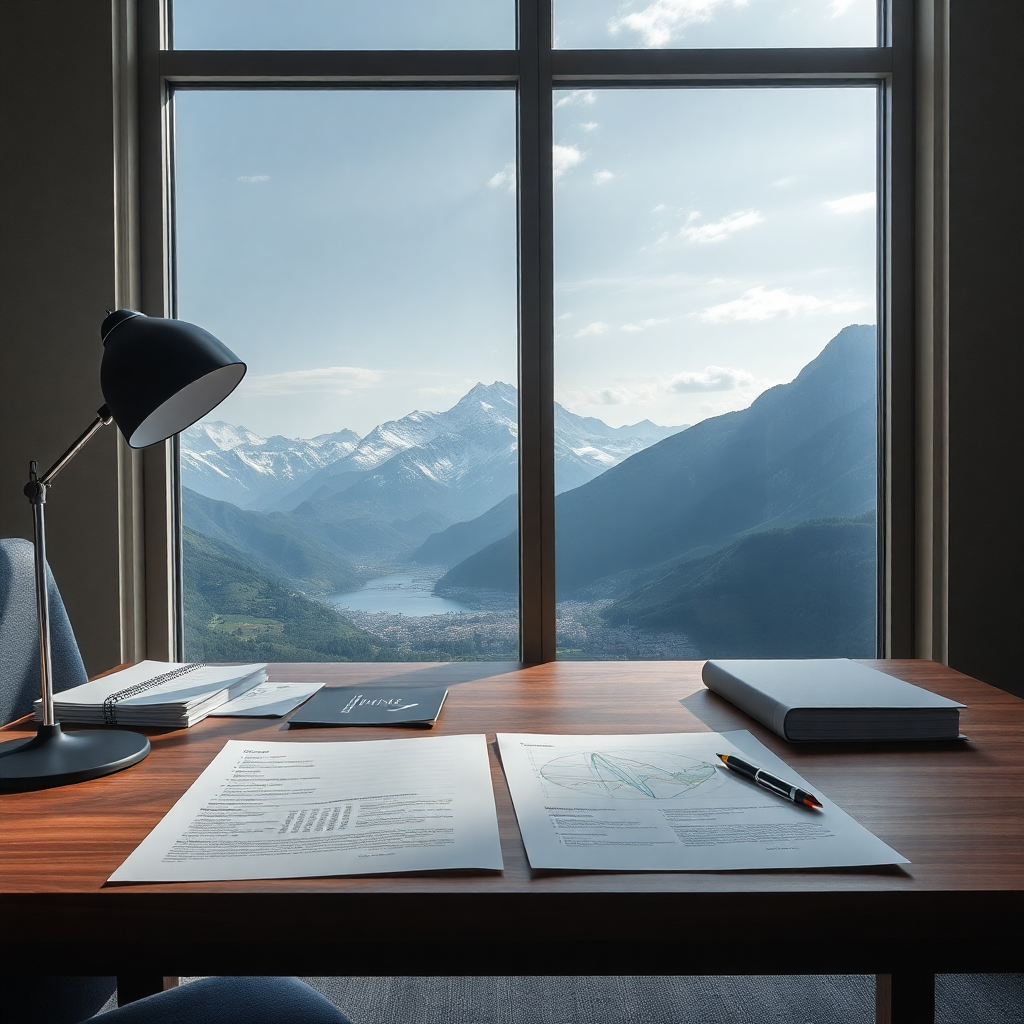 elegant desk setup strategic planning documents Andorra mountain landscape visible through window sophisticated workspace professional roadmap materials refined business environment editorial photography