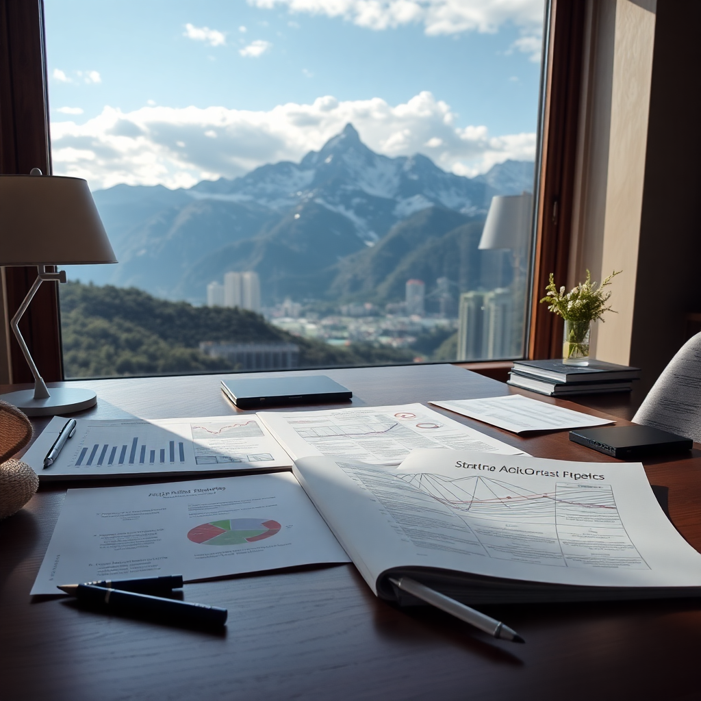elegant desk setup strategic planning documents Andorra mountain landscape visible through window sophisticated workspace professional roadmap materials refined business environment editorial photography