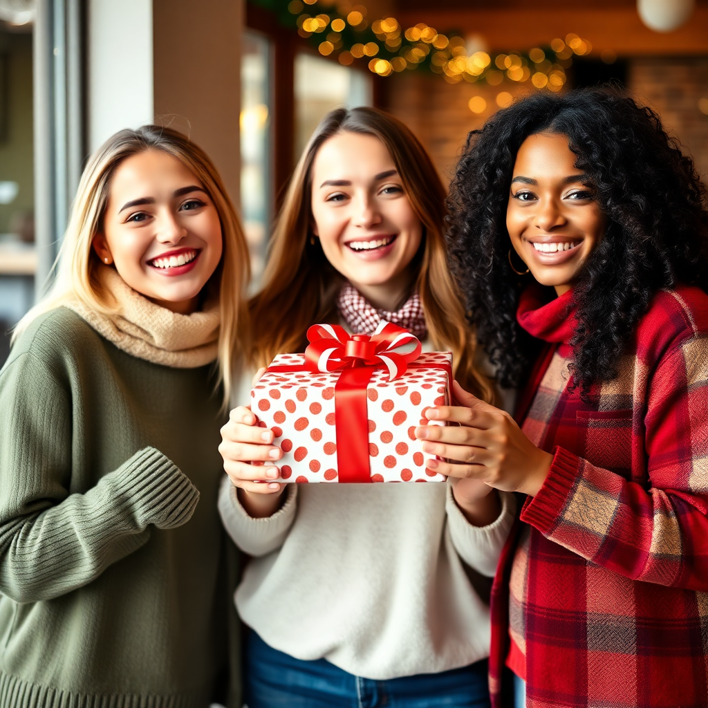 Friends smiling and holding a wrapped gift box, giving it to someone, happy celebration