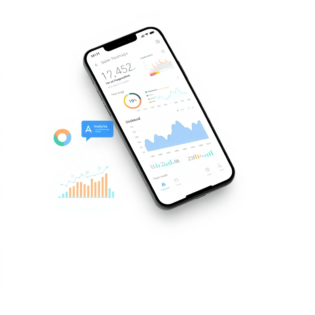 modern mobile app interface showing analytics dashboard with data visualizations, charts, and AI insights on smartphone screens, clean professional design, white background
