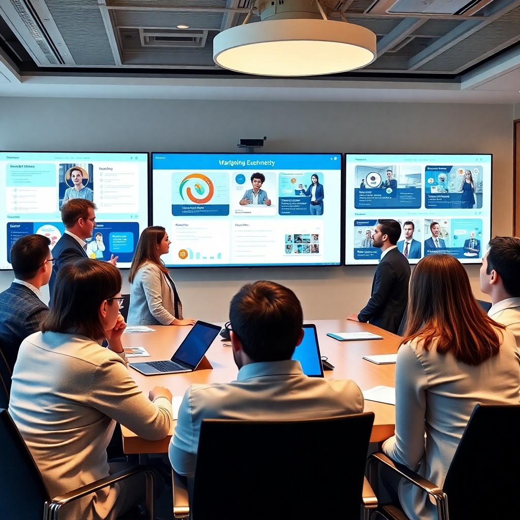 corporate training manager planning comprehensive education strategy with team, modern boardroom with interactive displays showing training modules