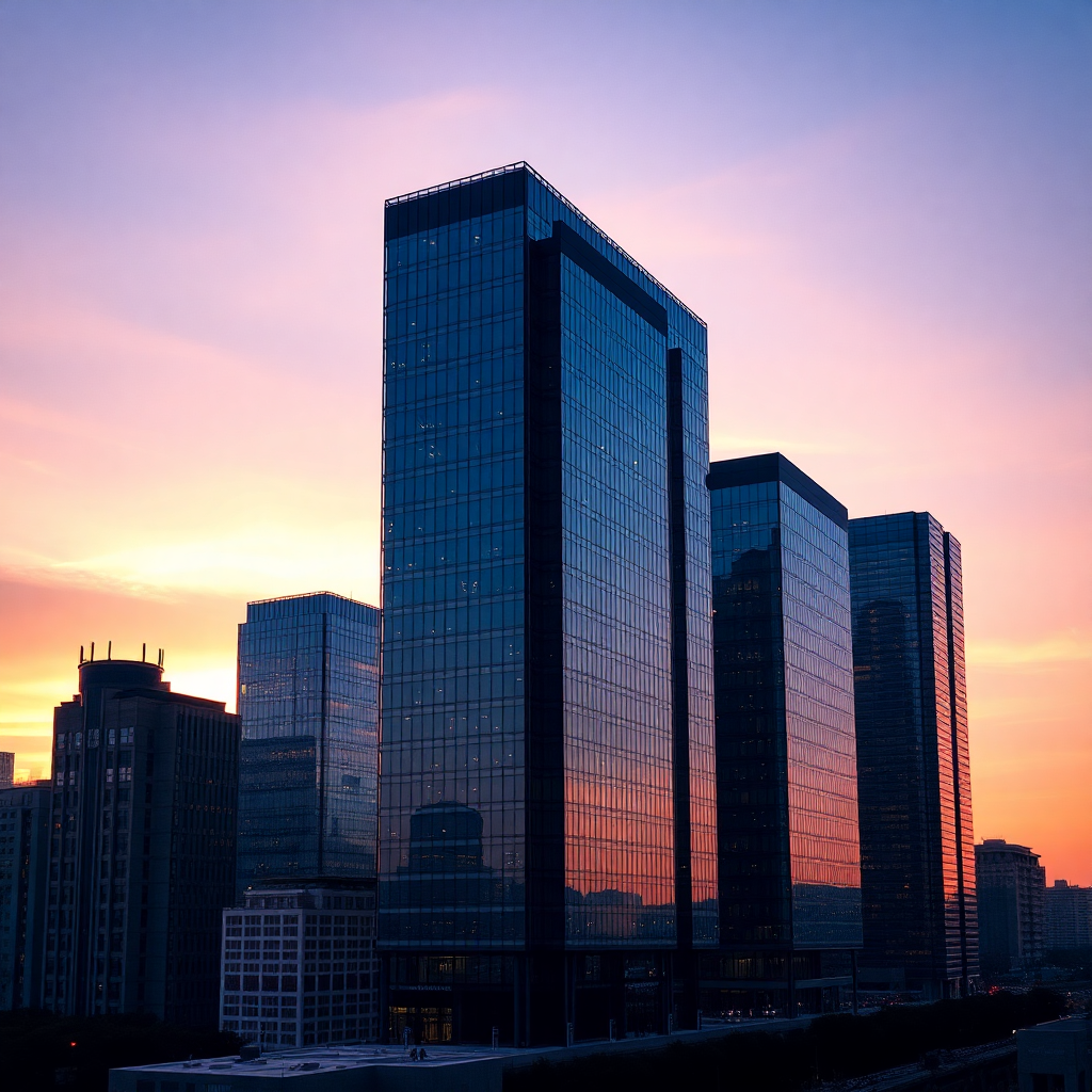 Horizonte corporativo moderno al atardecer