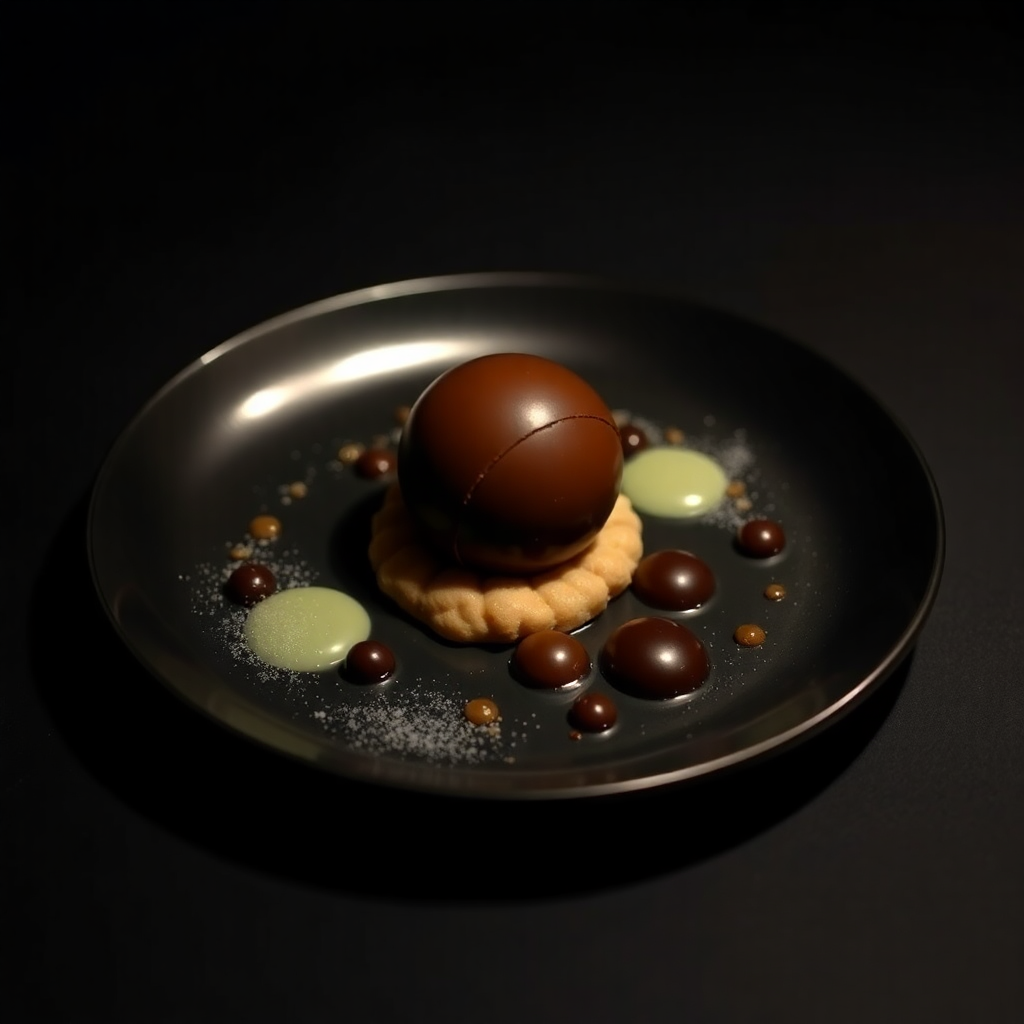 Шоколадная сфера Valrhona с пралине из фундука, эспрессо-кремом и ванильным мороженым - десерт из меню