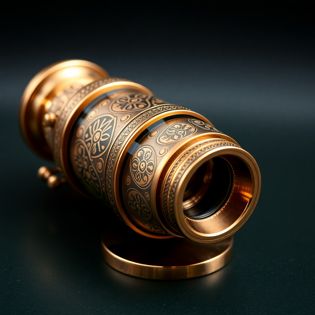 Premium copper kaleidoscope with artistic engravings, professional photography