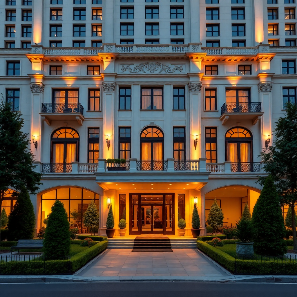 luxury hotel exterior facade with grand architecture, elegant entrance, manicured gardens, golden hour lighting
