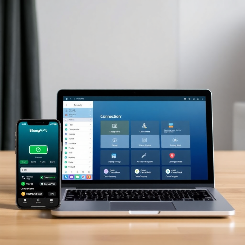 Multiple devices showing StrongVPN app interfaces - smartphone, tablet, laptop with clean modern VPN app UI, connection status, server selection, security features