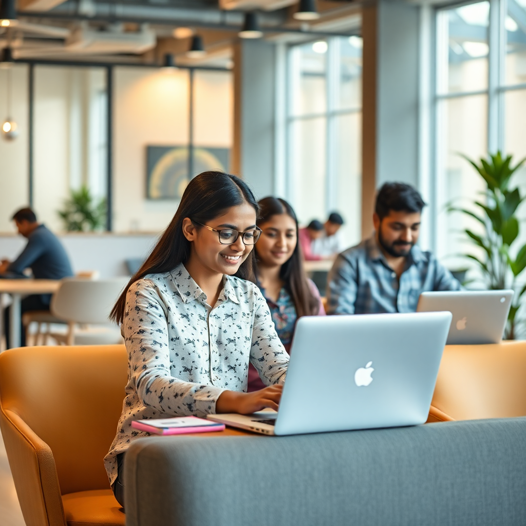 Young professionals working on laptops in a modern coworking space