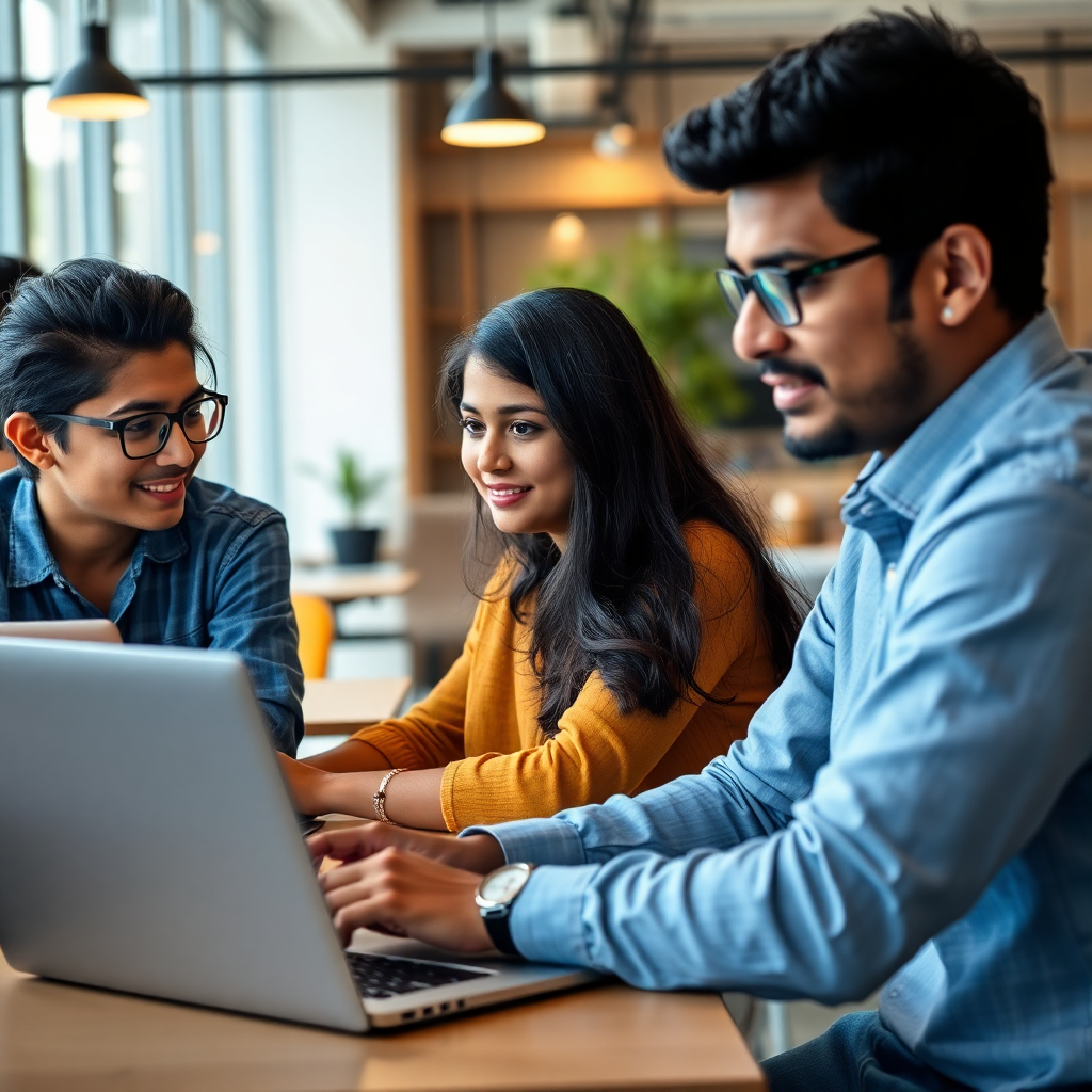 Young professionals working on laptops in a modern coworking space