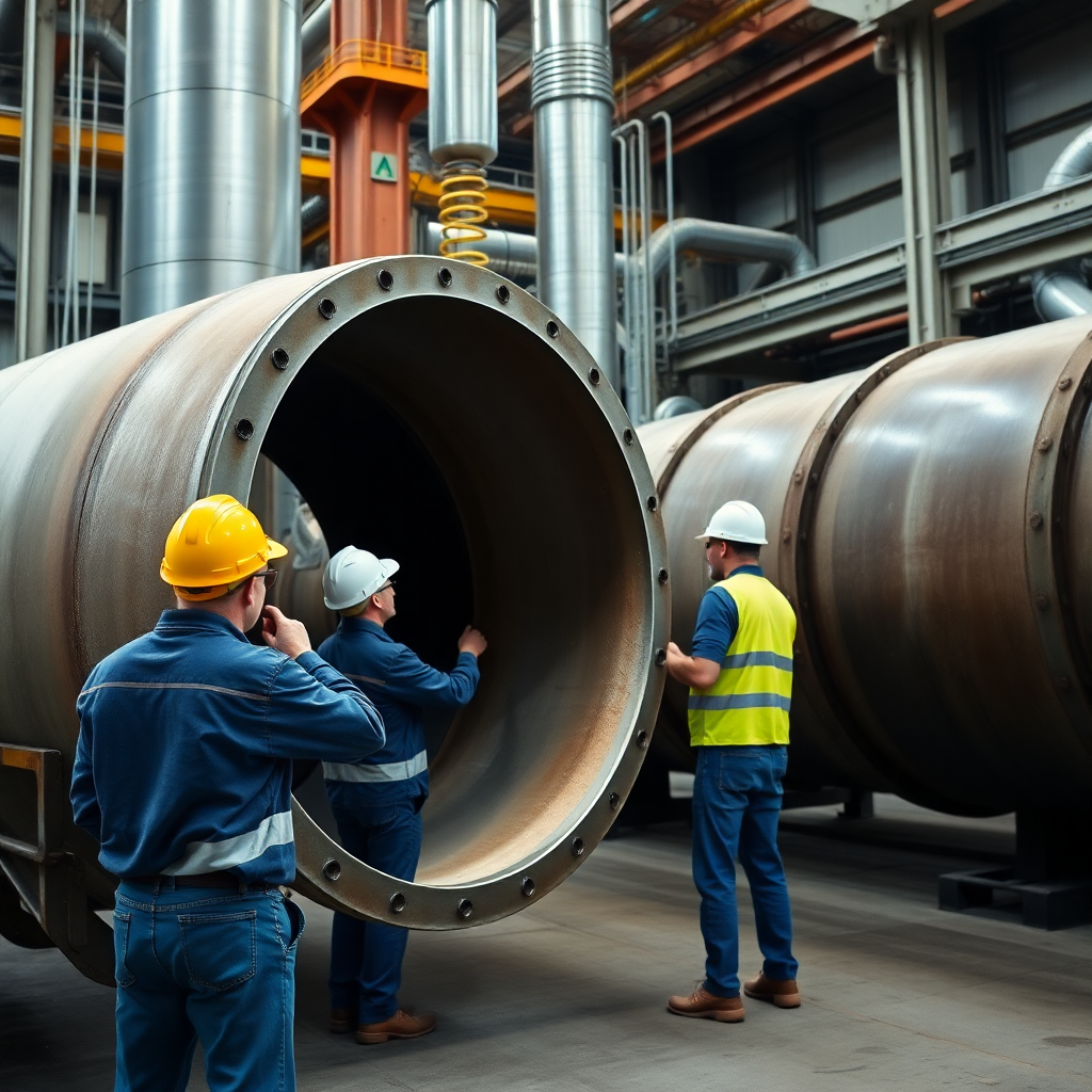 industrial facility with workers in hard hats inspecting large steel pipes, professional corporate photography